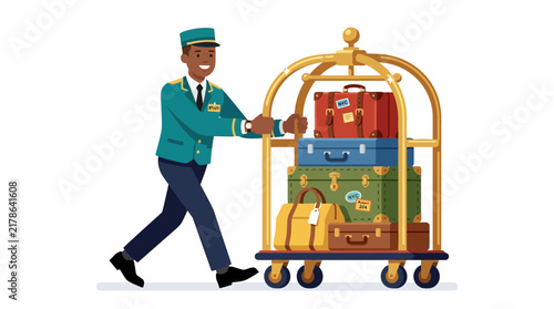 Foto Hotel Bellhop Pushing Luggage Cart Vector Illustration