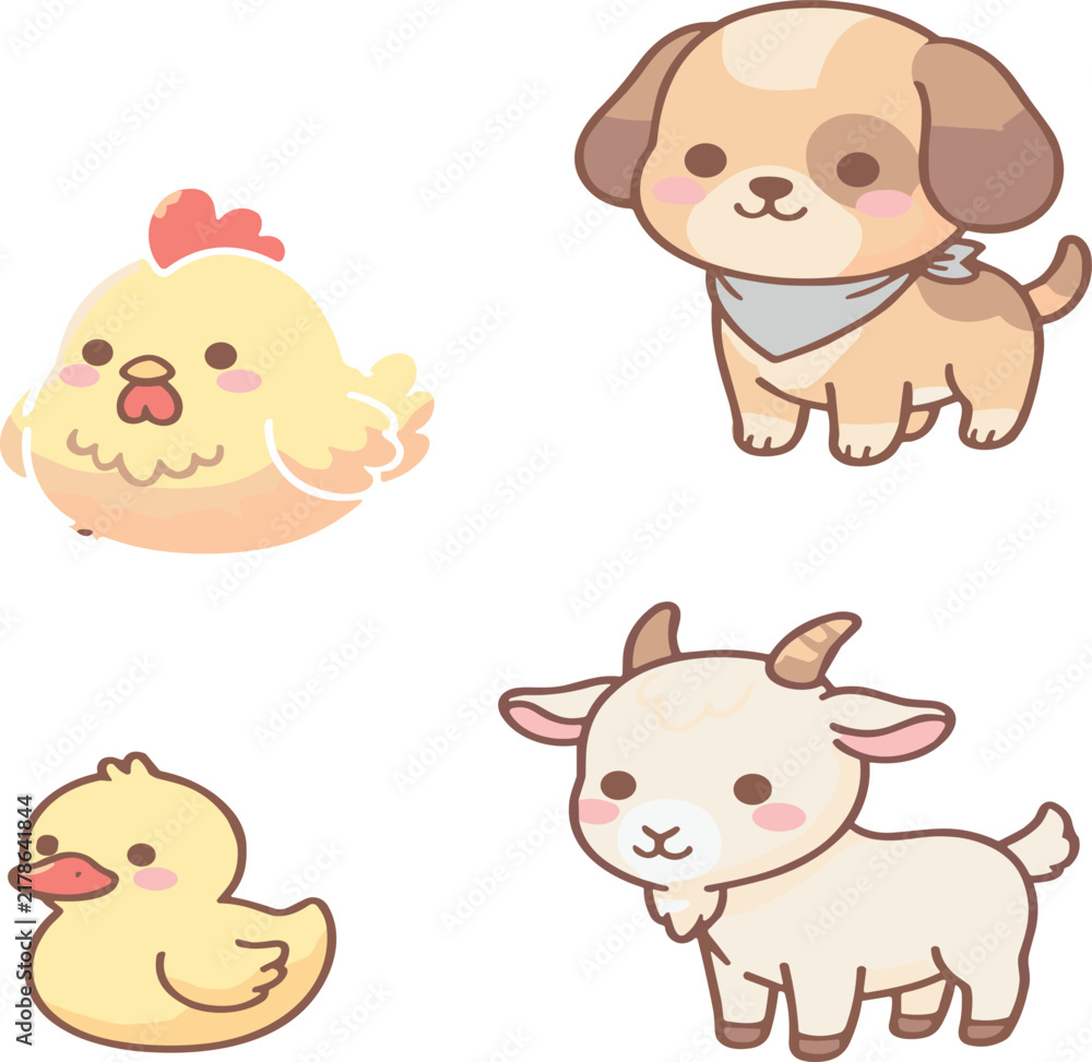 Fototapeta premium Cute pastel kawaii farm animals sticker set with funny cartoon puppy baby goat chicken and duckling vector illustrations isolated on white background