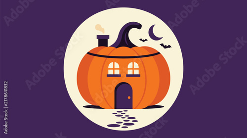 Cute pumpkin house with window and door under crescent moon for halloween crescent illustration dwelling building architecture celebration
