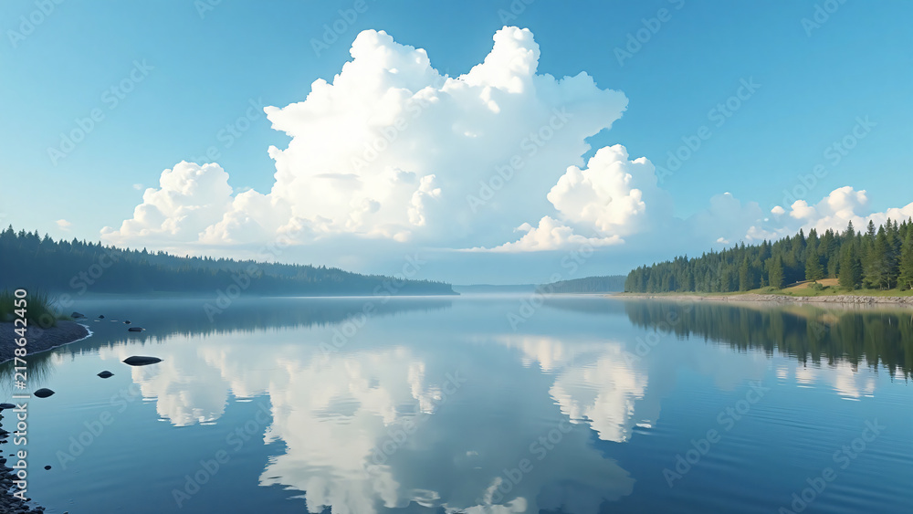 Fototapeta premium Mirror Lake Reflecting Cloud Sky Text Overlay