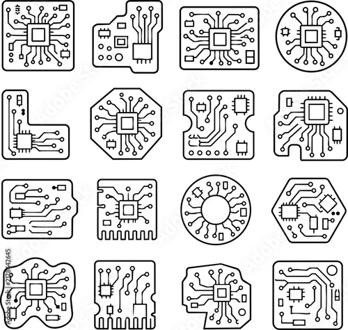 A collection of black and white line art icons depicting various computer microchips and circuit boards on a white background.