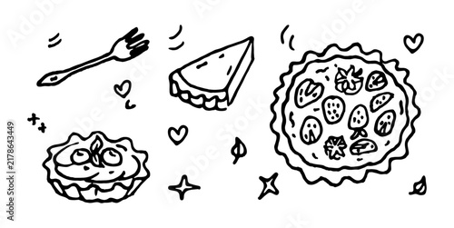 hand-drawn pie set using pen, bread, line art