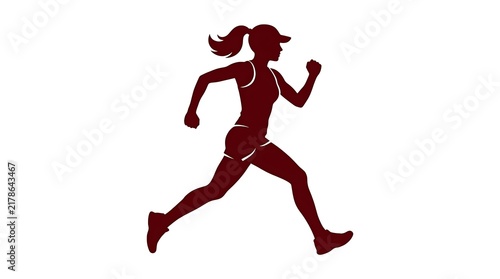 Dark red silhouette of a woman running isolated on a white background
