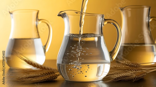 A high-quality product photography of an elegant glass pitcher being filled with refreshing light golden beverage and wheat ears