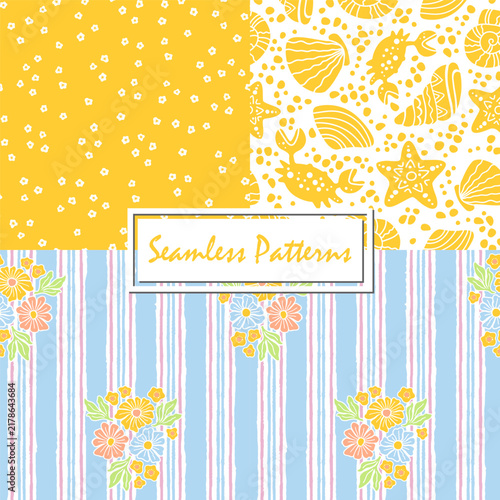 Summer seamless pattern collection. Stylized marine creature, simple abstract daisy shapes and tiny flowers, vertical blue stripes and bouquet