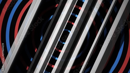Abstract 3D motion graphics with rotating red blue circles and white diagonal bars, ideal for broadcast design, digital transitions and tech promos