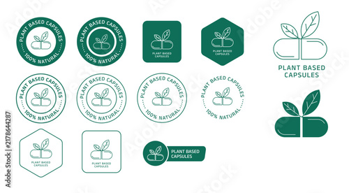 Plant Based Capsules badge and stamp collection featuring botanical leaf and capsule icons in circular seals, square labels, hexagonal badges, ribbon labels, and standalone logo designs. Green vector 