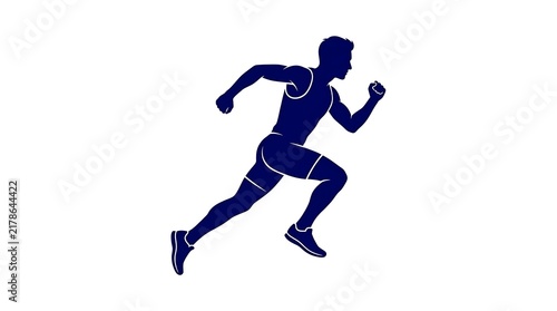 Blue silhouette of a man running fast, isolated on white background for sports design.