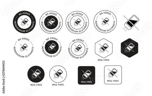 No Added Monosodium Glutamate and MSG Free badges, labels, stamps and icons featuring a crossed-out seasoning container symbol. VECTOR ILLUSTRATION