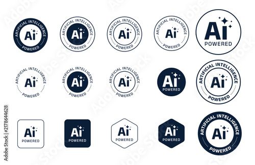 PrintCollection of modern AI Powered badges, stamps, seals, labels, and artificial intelligence icons in clean navy blue and white designs. Suitable for technology products, software, smart devices, d