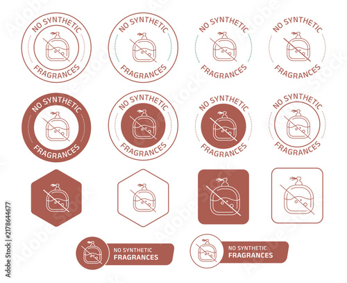 No Synthetic Fragrances Badge and Natural Product Label Icon Set. labels and icons featuring a crossed-out perfume bottle symbol. Includes circular, outlined, solid, hexagon, square, rounded and horiz