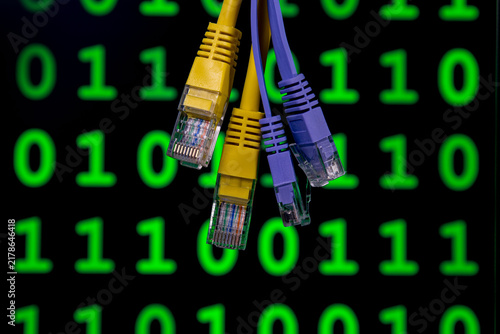 Four Ethernet cables of yellow and blue colors hang in front of a digital background featuring glowing green binary code. The binary digits and represent data transmission and computer networking conc