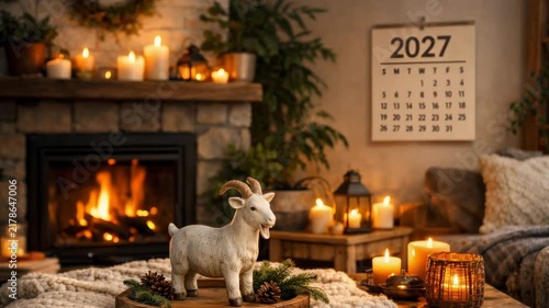 Decorative ceramic goat figurine on a cozy living room table with glowing candles, a roaring fireplace and 2027 wall calendar for seasonal decor
