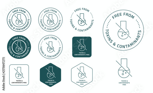 Clean and modern “Toxins and Contaminants Free” badge featuring a laboratory flask with a strike-through symbol. Ideal for product packaging, health brands, supplements, cosmetics, food labels, and cl