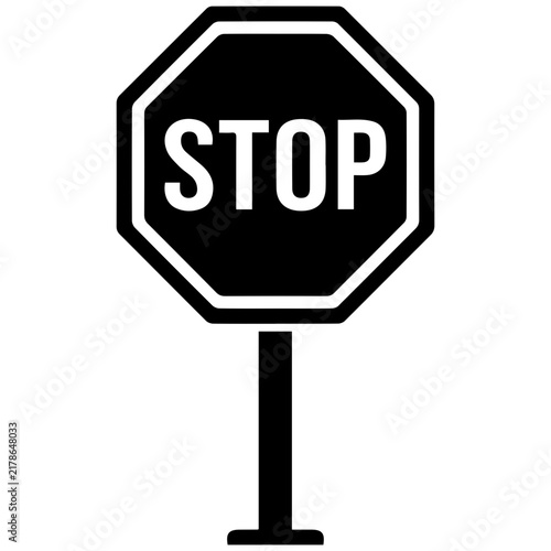Black and white stop sign icon, road traffic warning symbol for safety and regulation.