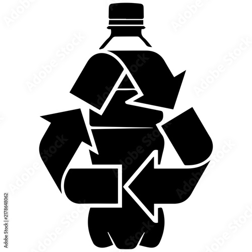 Black and white recycling symbol with plastic bottle icon for environmental sustainability.
