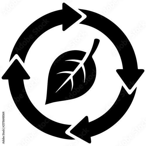 Black and white recycling arrows icon with a leaf symbol for eco friendly design projects.