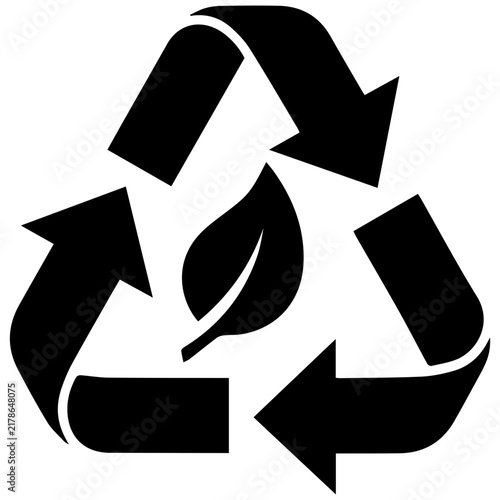 Black recycling symbol with leaf icon for eco friendly sustainability and green energy design