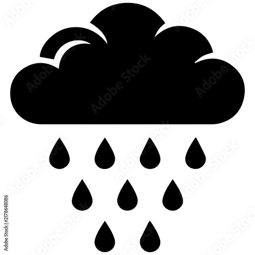Black rain cloud icon with falling raindrops for weather forecast and climate design.