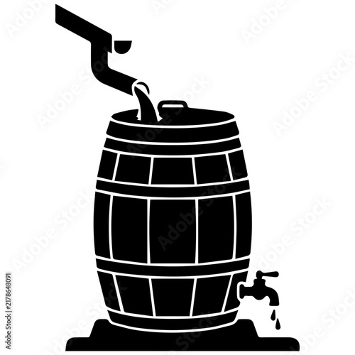 Rainwater collection barrel icon with gutter downspout and spigot for sustainable gardening.