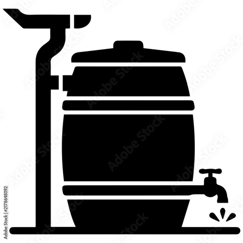 Rainwater collection barrel icon with gutter downspout and faucet for sustainable gardening.