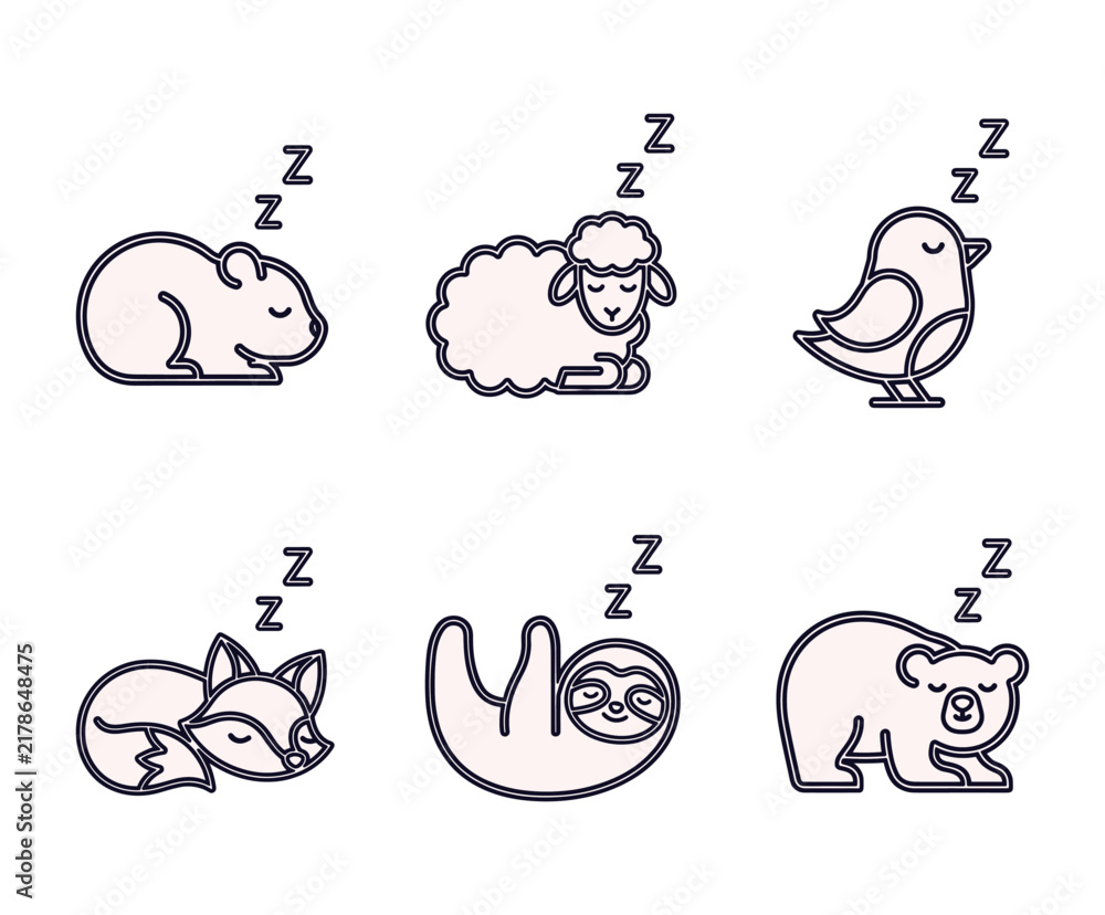 Fototapeta premium Set of six cute sleeping animals including hamster, sheep, bird, fox, sloth and bear.