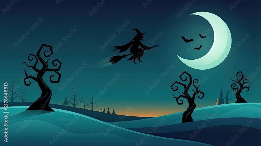 Fototapeta premium A spooky halloween landscape illustration featuring a witch flying on a broomstick past a bright crescent moon