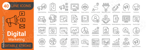 Fotografía Digital marketing line icon set with advertising, social media, email, campaign, branding, lead generation, conversion, analytics, content and customer
