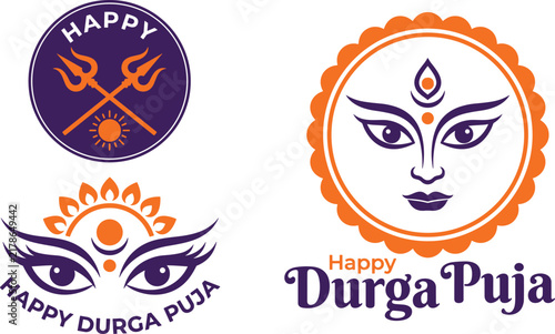 Set of Happy Durga Puja festival logo badges with Goddess face and trishul vector illustration