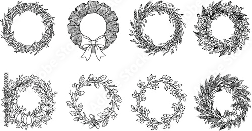 A collection of eight decorative autumn-themed circular wreaths featuring intricate line art illustrations of branches, leaves, pumpkins, acorns, berries, and textured burlap ribbons.