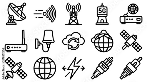 5G wireless network and telecommunication line icon set featuring satellite, router, radio tower, global connectivity, cloud data, and high-speed internet symbols for digital technology.