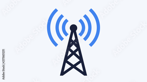 Flat vector illustration of a wireless communication tower icon emitting blue radio signal waves for broadcasting and cellular network connectivity on a clean background.