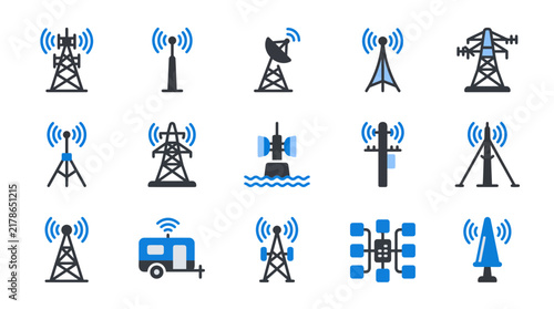 Set of vector wireless tower icons featuring cellular masts, satellite dishes, and radio transmitters for telecommunications, network infrastructure, and data broadcasting designs.