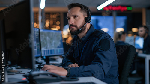 Emergency Dispatcher: A focused emergency dispatcher, wearing a headset and looking intently at multiple computer screens, works in a dimly lit operations center.