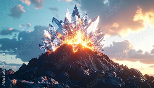 Majestic Crystal Mountain Erupting with Fiery Energy at Sunset.