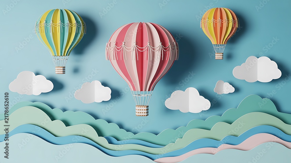 Obraz premium Colorful paper art hot air balloons over clouds and waves