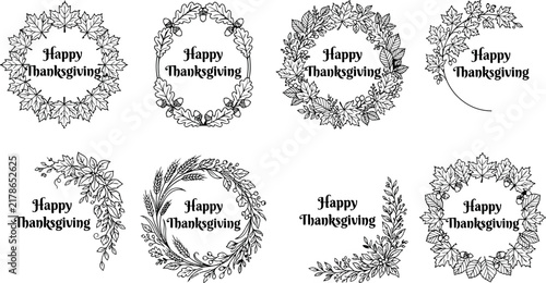 A collection of eight distinct, elegant black and white floral wreaths and corner frames featuring Thanksgiving themes, maple leaves, acorns, wheat, and seasonal botanical elements.