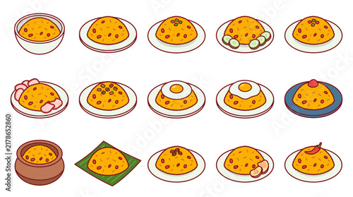 Indonesian Fried Rice Vector Icon Set. Traditional Nasi Goreng illustrations with various toppings like egg, cucumber, and crackers. Ideal for menu design and Asian food graphics.