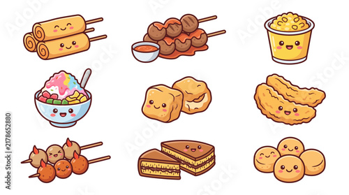 Kawaii Indonesian street food snack collection featuring cute egg rolls, grilled meatballs, shaved ice, and sweet martabak illustrations isolated on white for culinary designs.