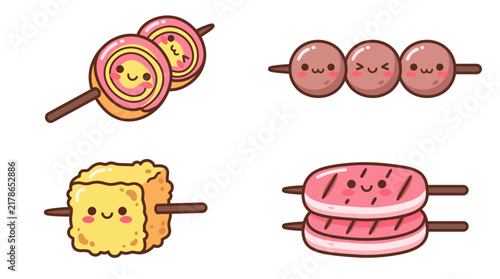 Cute Indonesian street food on skewers set featuring kawaii meatballs, fried tofu, and grilled snacks in vector style isolated on white background.