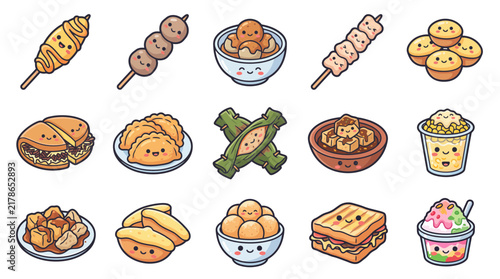 Cute kawaii Indonesian street food and traditional snack collection vector icons including martabak, meatballs, and local desserts with smiling faces isolated on white background.