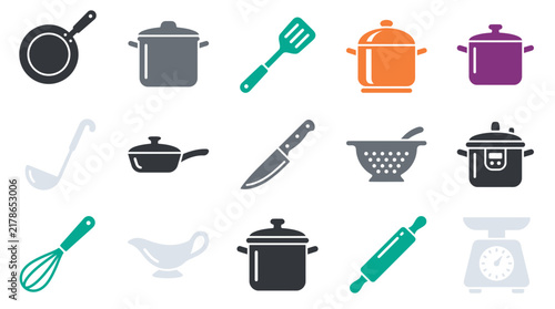 Modern cookware set featuring icons of pots, pans, and kitchen utensils. Flat vector illustration of culinary tools for restaurant menus, cooking blogs, and food preparation projects.