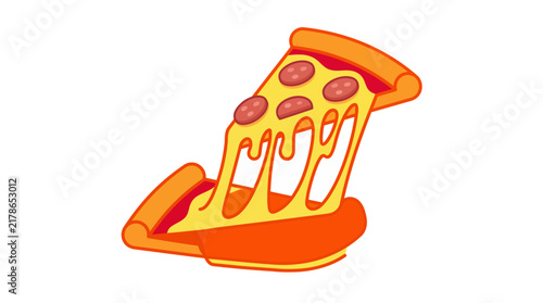 Stretchy pepperoni pizza slice vector with melting mozzarella cheese isolated on white background. Tasty hot fast food illustration for restaurant menus and food delivery concepts.