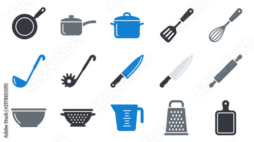 Modern Cookware and Kitchen Utensil Icon Set for Professional or Home Cooking and Food Preparation