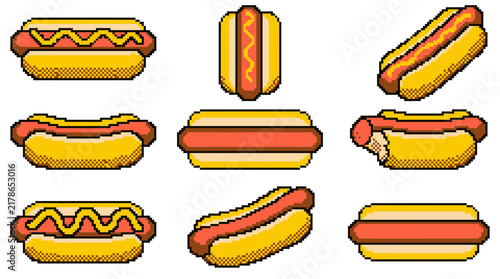 Pixel art hot dog set with mustard and sausages in buns, retro game style assets isolated on white background.
