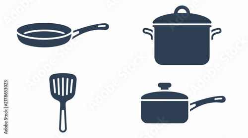 Minimalist modern cookware vector icons set including frying pan, stockpot, saucepan, and spatula silhouette isolated on white background for kitchen design.