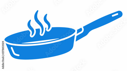 Modern blue frying pan icon for sauteing and cooking, featuring steam lines to represent hot food preparation, ideal for culinary themes and minimalist kitchen graphic designs.