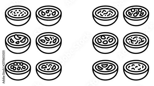 Set of various sambal chili paste icons in bowls, Indonesian spicy condiment line art illustration, traditional cobek sauce collection for food menu and culinary graphic design elements.