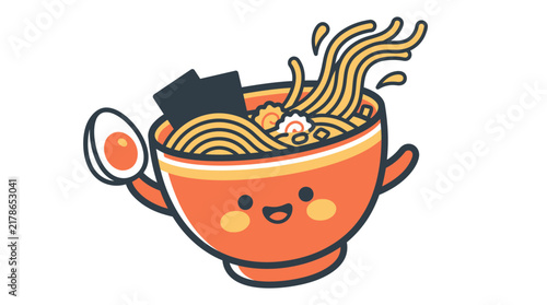 Cute ramen bowl mascot illustration with noodles, egg, and seaweed. Kawaii character design for restaurant branding, food menus, and stickers. High-quality vector art on white background.