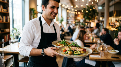 Smiling male waiter serving delicious salmon and pasta dishes to customers in a busy restaurant atmosphere.